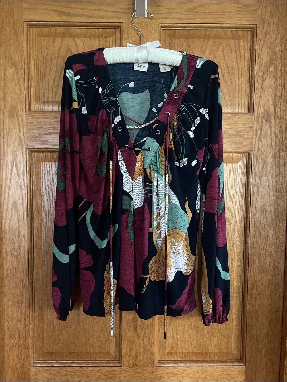 Daytrip Lace-Up Floral Long Sleeve Top in Navy, Gold, Burgundy and Green